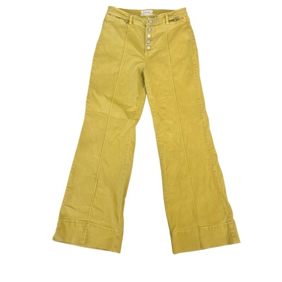We The Free Denim - Free People Run With Me Pintuck Flare Jeans Mustard Yellow 31 High Rise Raw Hem